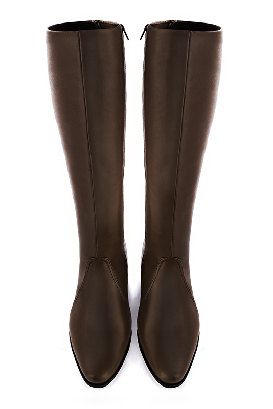 Dark brown women's riding knee-high boots. Round toe. Low leather soles. Made to measure. Top view - Florence KOOIJMAN